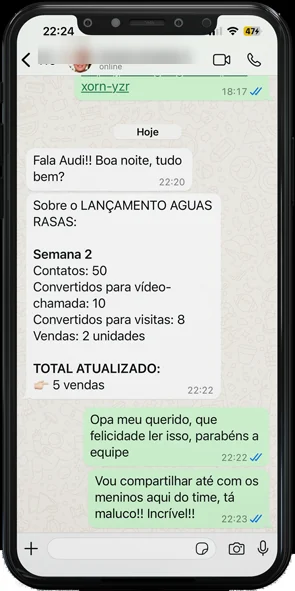 Print de conversa de WhatsApp com cliente comemorando resultado dos anúncios