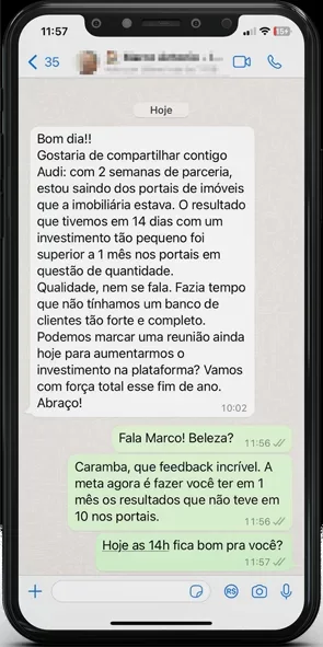 Print de conversa de WhatsApp com cliente comemorando resultado dos anúncios