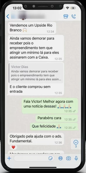 Print de conversa de WhatsApp com cliente comemorando resultado dos anúncios