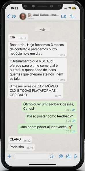 Print de conversa de WhatsApp com cliente comemorando resultado dos anúncios