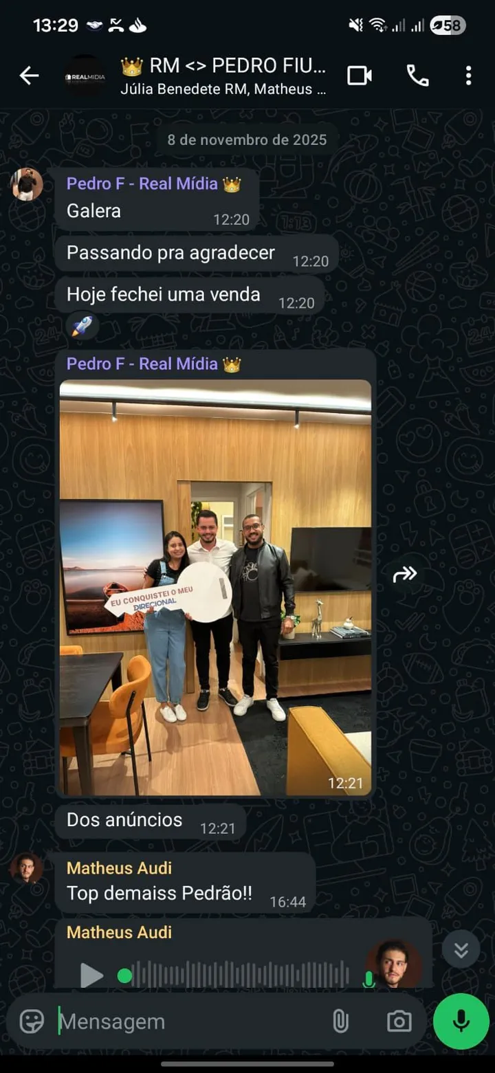 Print de conversa de WhatsApp com cliente comemorando resultado dos anúncios